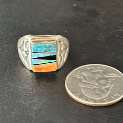 Navajo Sterling Silver Turquoise Spiny Oyster Inlay Ring | Sz 8.5 | Multi-Color | 14747 - Masha USA