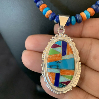 Navajo Spiny Oyster Turquoise Pendant Necklace | Sterling Silver | 21" | Authentic Native American Handmade | 11363 - Masha USA