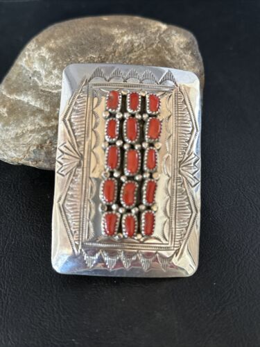 Navajo Red Coral Belt Buckle Concho | Sterling Silver | Authentic Native American Handmade | 14798