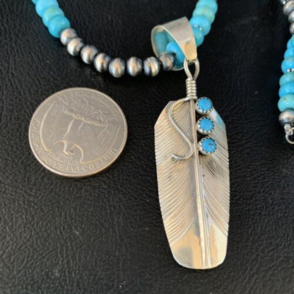 Navajo Blue Turquoise Feather Pendant Necklace | Sterling Silver | Native American Handmade | 13820