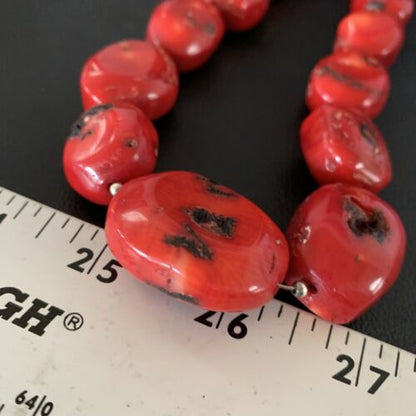 Navajo Red Coral Bead Necklace | Sterling Silver | 22" | Authentic Native American Handmade | 13406 - Masha USA