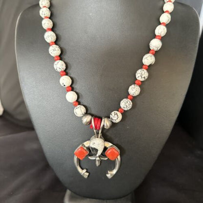 Navajo White Buffalo Turquoise Coral Naja Pendant Necklace | Sterling Silver | 24" | 14687
