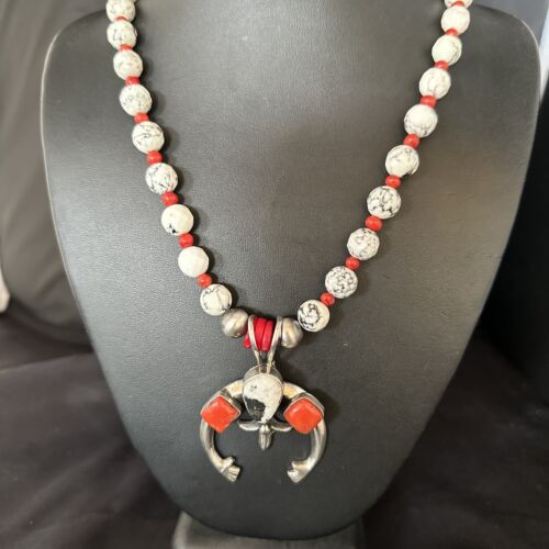 Navajo White Buffalo Turquoise Coral Naja Pendant Necklace | Sterling Silver | 24" | 14687