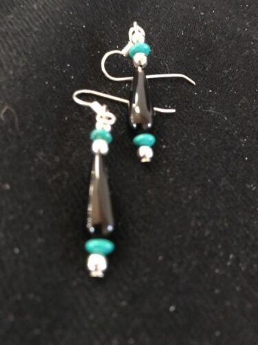 Navajo Black Onyx Turquoise Bead Dangle Earrings | Sterling Silver | Authentic Native American Handmade | 13455