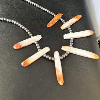 Navajo Orange Spiny Oyster Stick Bead Necklace | Sterling Silver | 20" | Authentic Native American Handmade | 14320