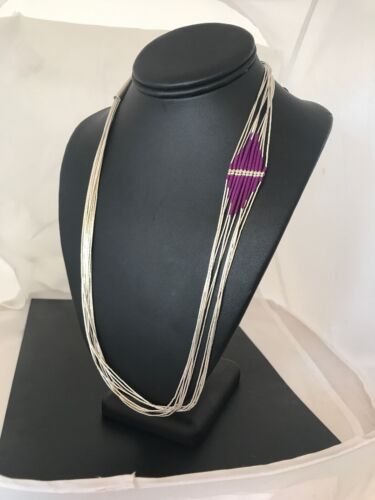 Native American Sugilite Heishi Tubes Necklace | 10 Strand Liquid Sterling Silver | 8561