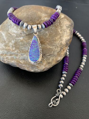 Navajo Purple Sugilite Necklace with Faux Opal Pendant | Sterling Silver | Authentic Native American Handmade | 01918