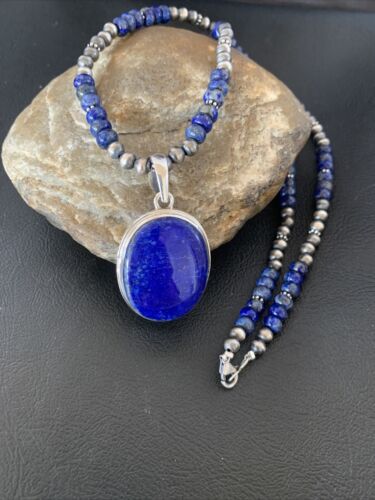 Native American Navajo Blue Lapis Pendant Necklace | Sterling Silver | Authentic Handmade | 11913 - Masha USA