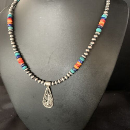 Navajo Multi-Color Turquoise Mother of Pearl Necklace Inlay Pendant | Sterling Silver | 13886
