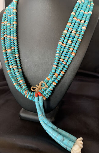 Native American Santo Domingo Spiny Blue Turquoise Shell Jacla Necklace | 5 Strand | 32" | 13192