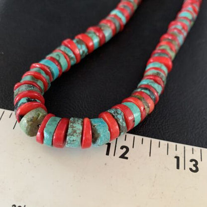Southwestern Men's Heishi Turquoise Coral Necklace | Sterling Silver | Authentic Native American Handmade | 23" | 13927