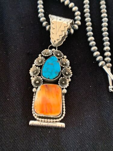 Navajo Kingman Turquoise & Spiny Oyster Pendant Necklace | Sterling Silver | Authentic Native American Handmade | 4575