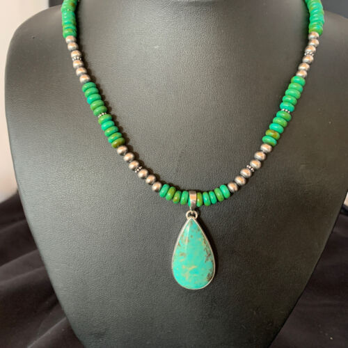 Navajo Pearls Green Turquoise Pendant Necklace | Sterling Silver Beads | Authentic Native American Handmade | 13308