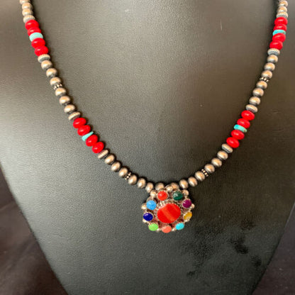 Southwestern Navajo Multi-Stone Necklace | Sterling Silver Coral & Turquoise Pendant | 21" | 12580