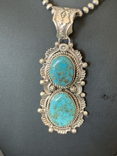 Men's Sterling Silver Navajo Pearls Necklace | Blue Turquoise Pendant | Multi-Stone | Authentic Native American Handmade | 152
