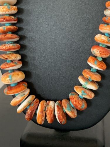 Authentic Navajo Orange Spiny Oyster & Turquoise Necklace | Sterling Silver | 22" | 194