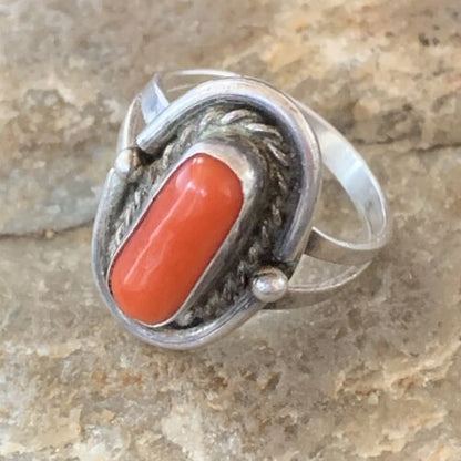 Native American Old Pawn Navajo Red Coral Ring | Sterling Silver | Sz 6 | 10368
