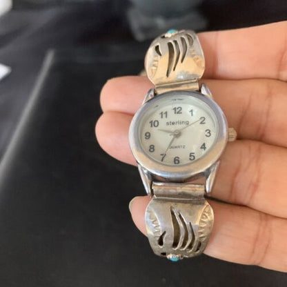 Women's Navajo Sterling Silver Watch Tips with Blue Turquoise | Bear Paw Design | Authentic Native American Jewelry | 13692