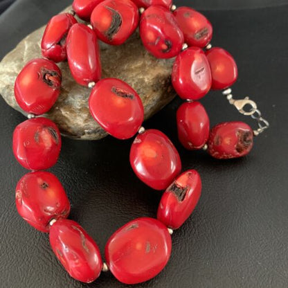 Native American Navajo Red Coral Bead Necklace | Sterling Silver | 18" | 13407
