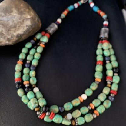 Navajo Multi-Color Green Turquoise Spiny 3-Strand Lapis Necklace | Sterling Silver | Authentic Native American Handmade | 13952