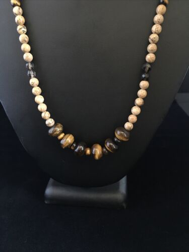 Women's Graduated Tigers Eye & Picture Jasper Necklace | Sterling Silver | Authentic Native American | 21"