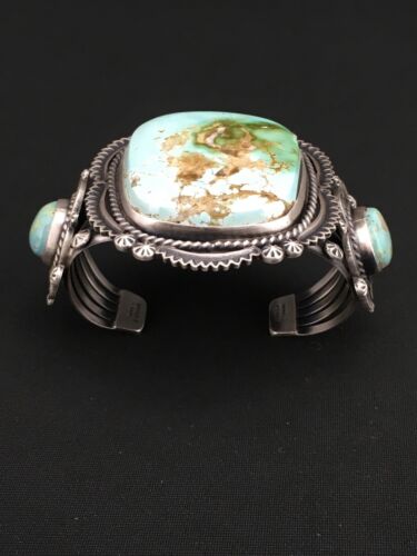 Men's Navajo Royston Turquoise Cuff Bracelet | Sterling Silver | 3 Stones | Authentic Native American Handmade | 1131