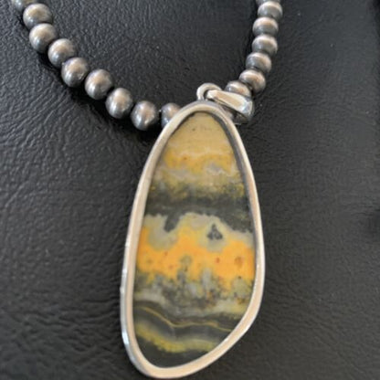 Navajo Yellow Bumblebee Jasper Pendant Necklace | Sterling Silver | Authentic Native American Handmade | 12808