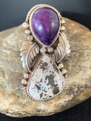 Navajo White Buffalo Turquoise & Sugilite Ring | Authentic Native American Sterling Silver | Multi-Stone | Sz 9.5 | 00310