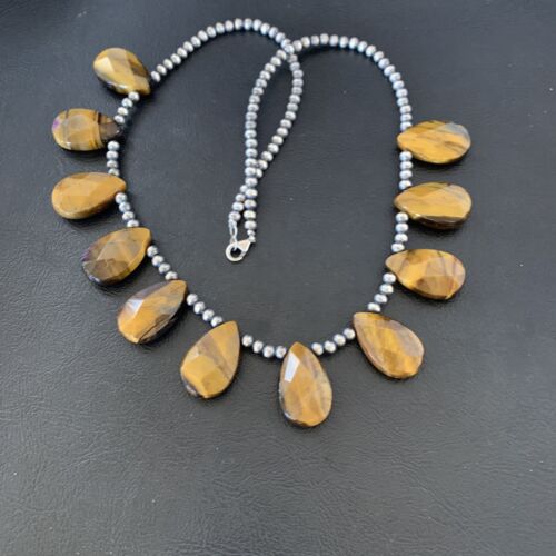 Navajo Pearl Sterling Silver Necklace | Coffee Tiger's Eye Teardrop Pendant | 21" | 11748