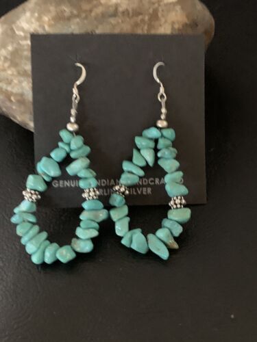 Navajo Turquoise Bead Nugget Earrings | Sterling Silver Pearls | 2" | Authentic Native American Handmade | 12888