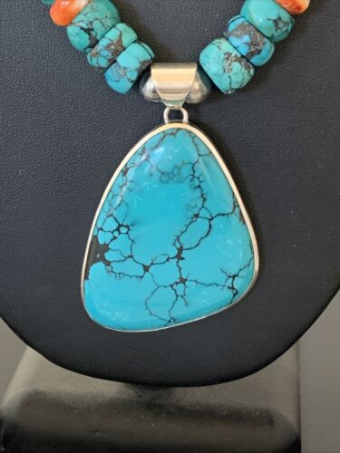 Navajo Pearls Spiderweb Spiny Oyster Turquoise Necklace Pendant | Sterling Silver | Southwestern Native American | 00833