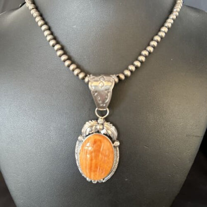Navajo Pearls Orange Spiny Oyster Necklace Pendant | Sterling Silver | Authentic Native American Handmade | 14718