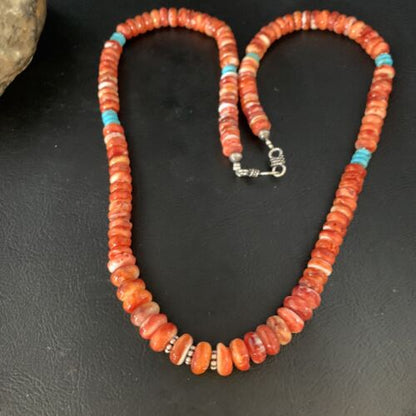 Navajo Turquoise & Red Spiny Oyster Graduated Necklace | Sterling Silver | Authentic Native American | 22" | 13516