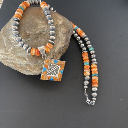 Navajo Pearls Sterling Silver Necklace | Orange Spiny Oyster Opal Inlay Pendant | 11320