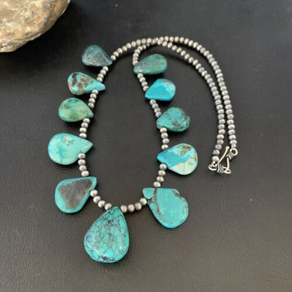 Southwestern Navajo Pearls Necklace | Sterling Silver | Blue Turquoise Teardrop | 13150