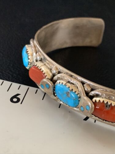 Navajo Sterling Silver Cuff Bracelet | Blue Kingman Turquoise & Coral | 5 Strand | Handmade | 12697