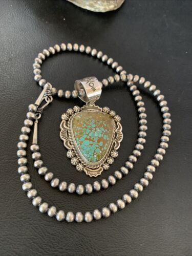 Navajo Blue #8 Turquoise Pendant Necklace | Sterling Silver | Authentic Native American Handmade | 10227