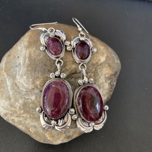 Native Navajo Sterling Silver Purple Spiny Oyster Dangle Earrings 12179