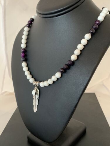 Men's Sugilite Beads Necklace with White Buffalo Pendant | Sterling Silver | Native American Handmade | 2557