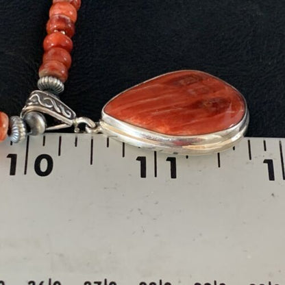 Navajo Red Spiny Oyster Necklace | Sterling Silver Pendant | Authentic Native American Handmade | Men's | 13815
