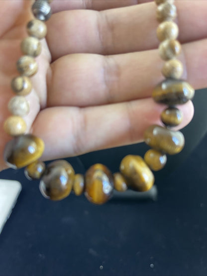 Women's Graduated Tigers Eye & Picture Jasper Necklace | Sterling Silver | Authentic Native American | 24" | 10075