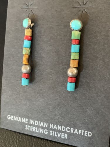 Multi-Color Turquoise Coral Bead Earrings | Sterling Silver | Navajo Handmade | 1" | 13053