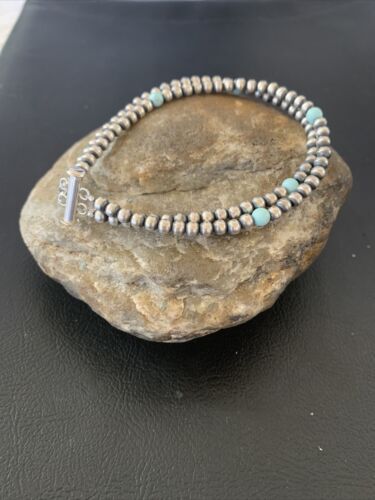 Southwestern Navajo Pearls Sterling Silver Blue Turquoise Bracelet | 2-Strand  | 7" | Authentic Native American