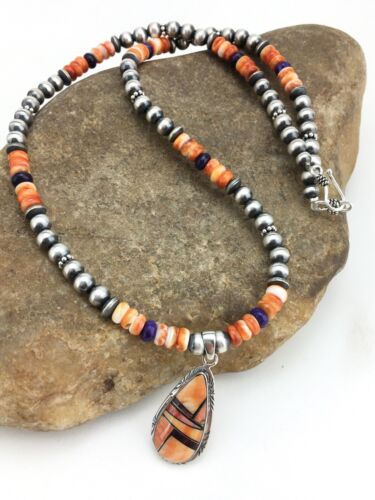 Navajo Spiny Oyster Pendant with Sugilite Inlay | Sterling Silver Necklace | Authentic Native American Handmade | 4879