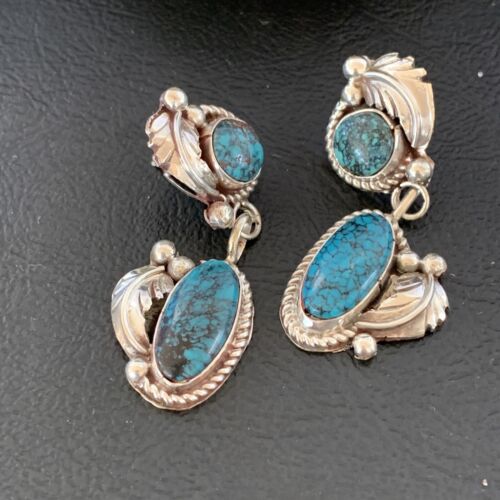 Handmade Navajo Spiderweb Turquoise Dangle Earrings | Sterling Silver | Authentic Native American | 1400