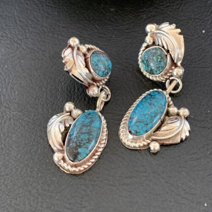 Handmade Navajo Spiderweb Turquoise Dangle Earrings | Sterling Silver | Authentic Native American | 1400