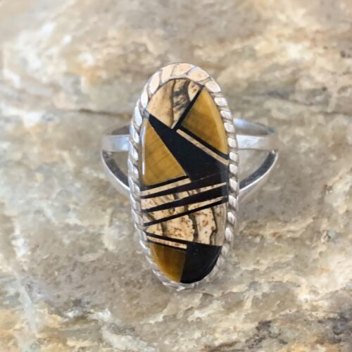 Navajo Black Onyx Coffee Tigers Eye Inlay Ring | Sterling Silver | Sz 8.5 | 10733