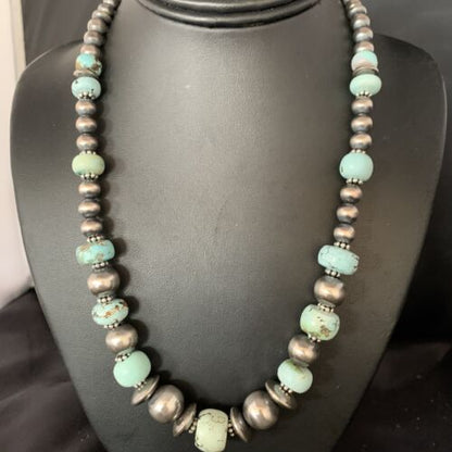 Dry Creek Turquoise Navajo Pearls Beaded Necklace | Sterling Silver | 21" | Authentic Native American Handmade | 14102 - Masha USA