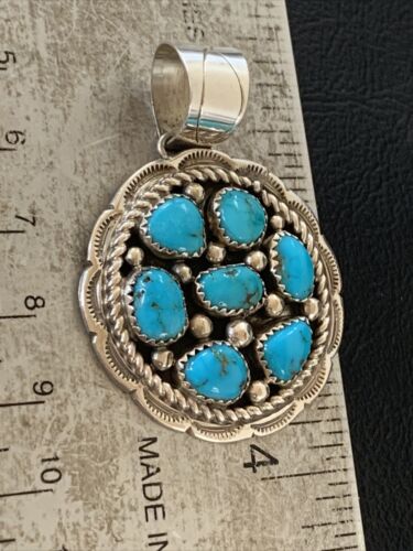 Navajo Blue Kingman Turquoise Cluster Pendant | Authentic Native American Sterling Silver | Multi-Stone | 2" | 02095