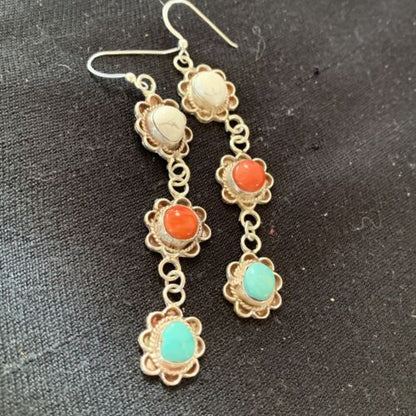 Navajo Spiny, Turquoise & Howlite Dangle Earrings | Sterling Silver | Authentic Native American Handmade | 1573